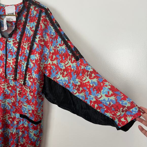 Koche Lace Trim Floral Dress Red Zip Crepe V-Neck Pockets 40 US 8 - Picture 10 of 14